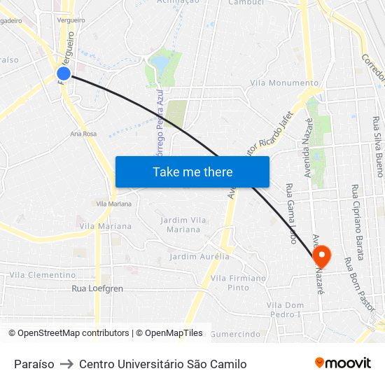 Paraíso to Centro Universitário São Camilo map