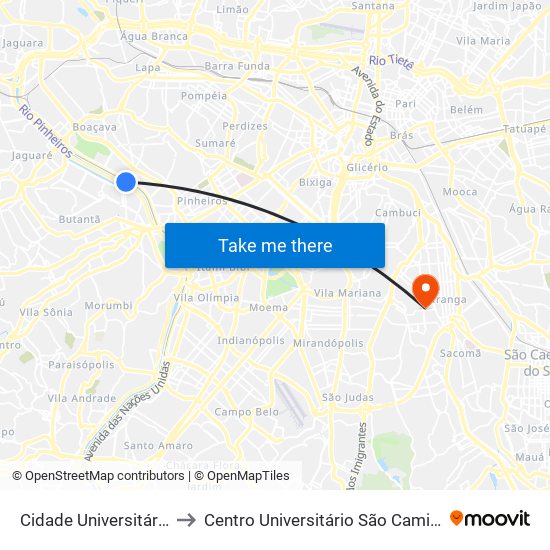 Cidade Universitária to Centro Universitário São Camilo map
