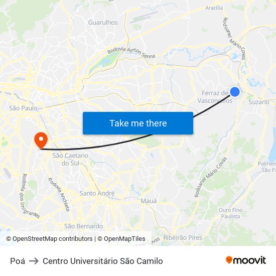 Poá to Centro Universitário São Camilo map