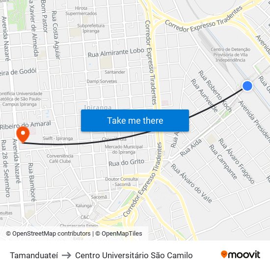 Tamanduateí to Centro Universitário São Camilo map