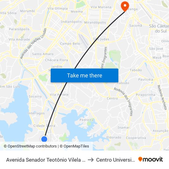 Avenida Senador Teotônio Vilela - Parada Rodrigues Vilares C/B to Centro Universitário São Camilo map