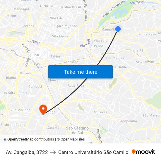 Av. Cangaiba, 3722 to Centro Universitário São Camilo map
