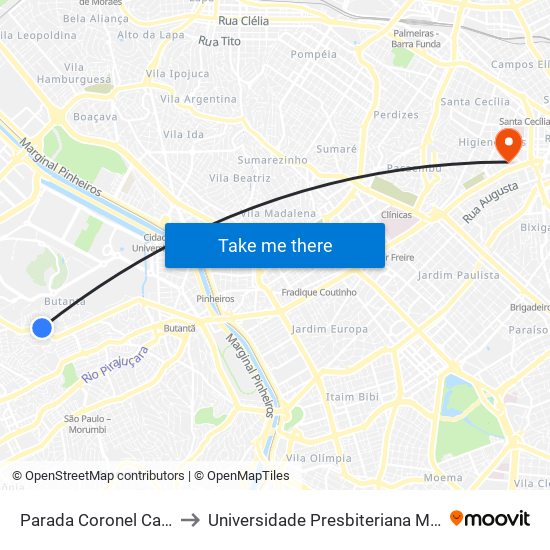 Parada Coronel Camisão to Universidade Presbiteriana Mackenzie map