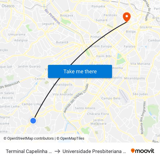 Terminal Capelinha - Plat. 1 to Universidade Presbiteriana Mackenzie map