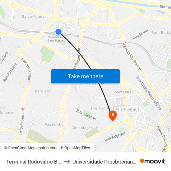 Terminal Rodoviário Barra Funda to Universidade Presbiteriana Mackenzie map