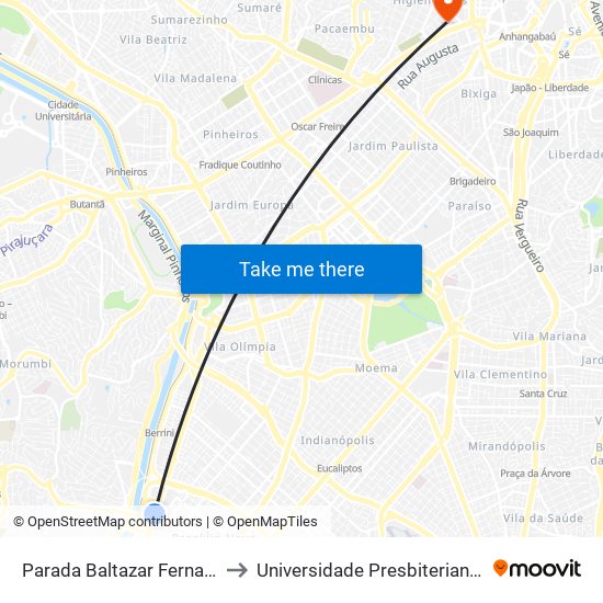 Parada Baltazar Fernandes (C/B) to Universidade Presbiteriana Mackenzie map