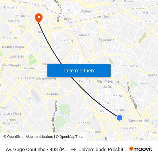Av. Gago Coutinho - 803 (Padaria Gago Coutinho) to Universidade Presbiteriana Mackenzie map