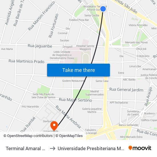 Terminal Amaral Gurgel to Universidade Presbiteriana Mackenzie map