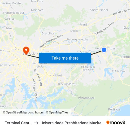 Terminal Central to Universidade Presbiteriana Mackenzie map