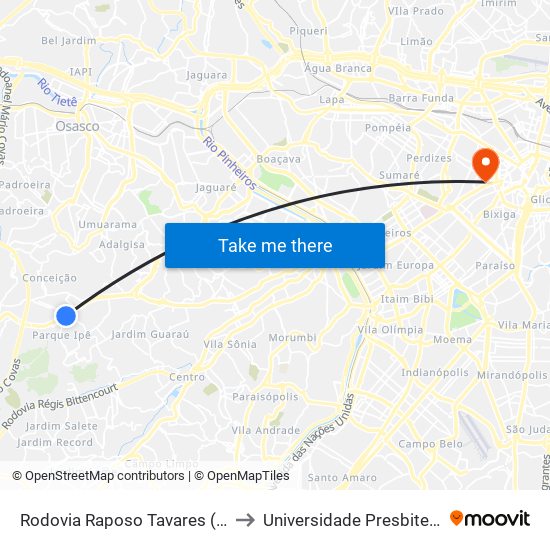 Rodovia Raposo Tavares (Km 19/São Paulo) to Universidade Presbiteriana Mackenzie map
