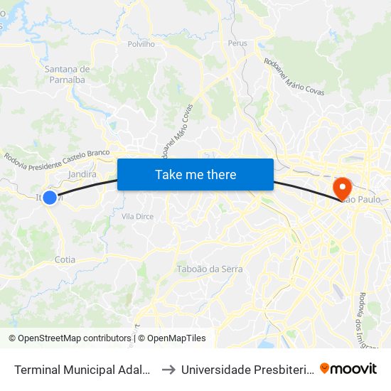 Terminal Municipal Adalberto Montanher to Universidade Presbiteriana Mackenzie map