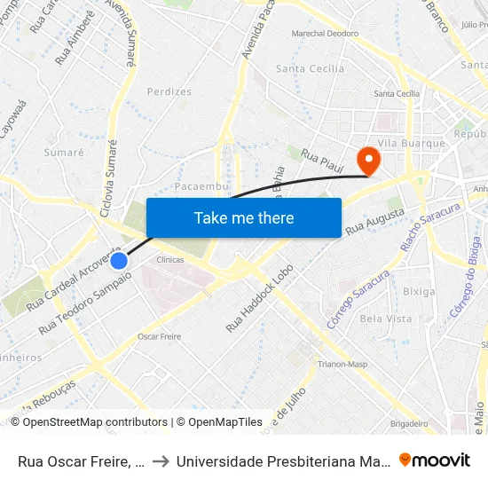 Rua Oscar Freire, 2041 to Universidade Presbiteriana Mackenzie map