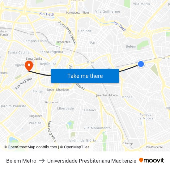 Belem Metro to Universidade Presbiteriana Mackenzie map