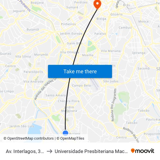 Av. Interlagos, 3501 to Universidade Presbiteriana Mackenzie map