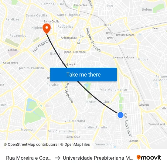 Rua Moreira e Costa 474 to Universidade Presbiteriana Mackenzie map