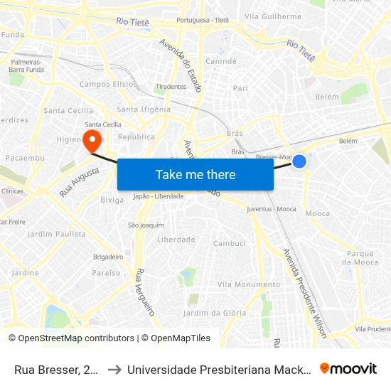 Rua Bresser, 2376 to Universidade Presbiteriana Mackenzie map