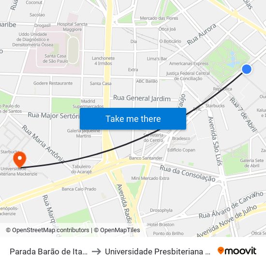 Parada Barão de Itapetinga to Universidade Presbiteriana Mackenzie map