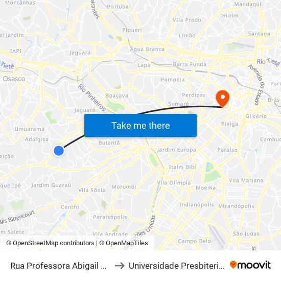 Rua Professora Abigail Alves Pires, 191 to Universidade Presbiteriana Mackenzie map