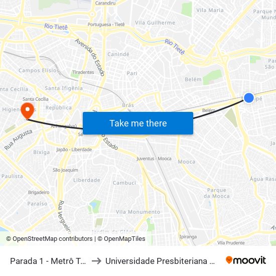 Parada 1 - Metrô Tatuapé to Universidade Presbiteriana Mackenzie map