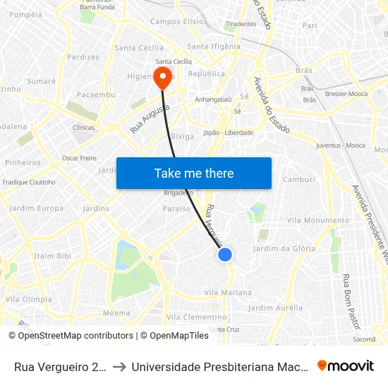 Rua Vergueiro 2573 to Universidade Presbiteriana Mackenzie map