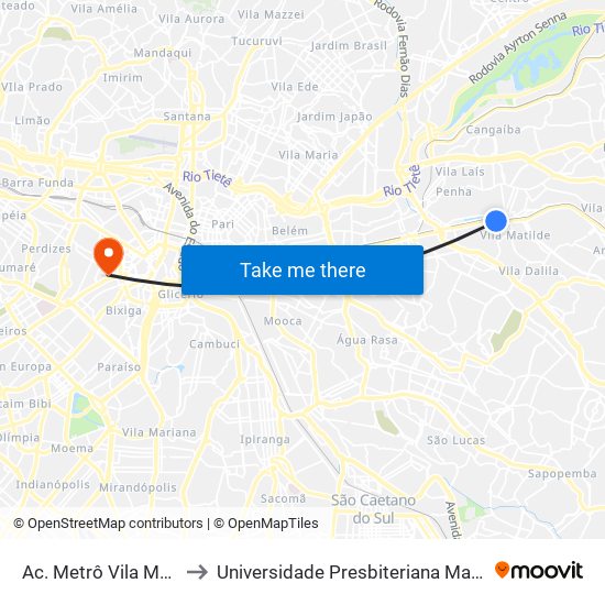 Ac. Metrô Vila Matilde to Universidade Presbiteriana Mackenzie map
