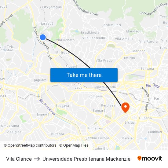 Vila Clarice to Universidade Presbiteriana Mackenzie map