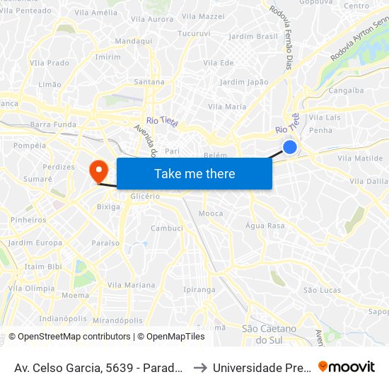 Av. Celso Garcia, 5639 - Parada Retiro 1/2/3 - Maranhão, São Paulo to Universidade Presbiteriana Mackenzie map