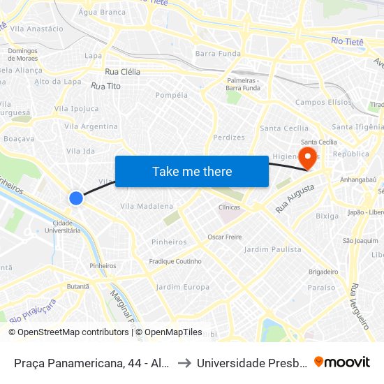 Praça Panamericana, 44 - Alto de Pinheiros, São Paulo to Universidade Presbiteriana Mackenzie map