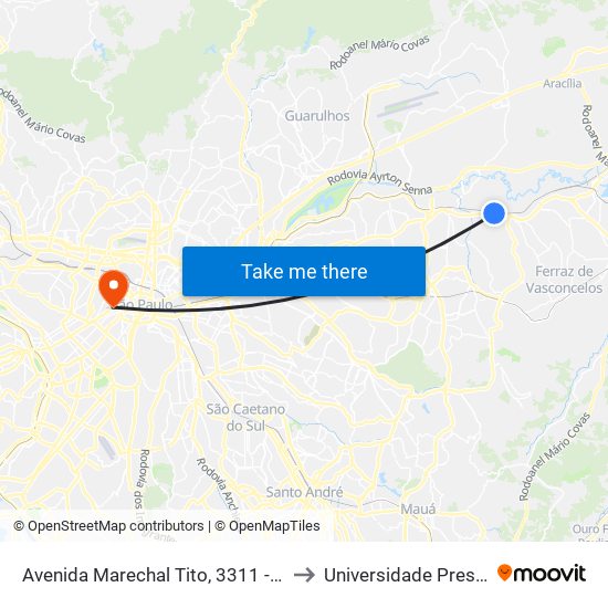 Avenida Marechal Tito, 3311 - São Miguel Paulista, São Paulo to Universidade Presbiteriana Mackenzie map