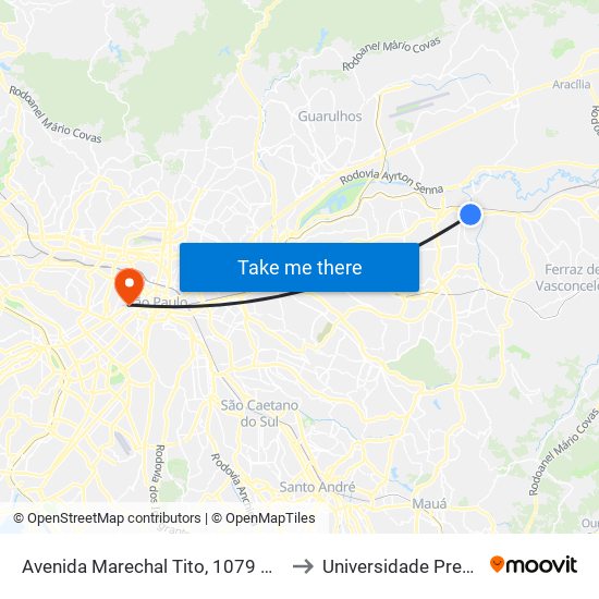 Avenida Marechal Tito, 1079 A - São Miguel Paulista, São Paulo to Universidade Presbiteriana Mackenzie map