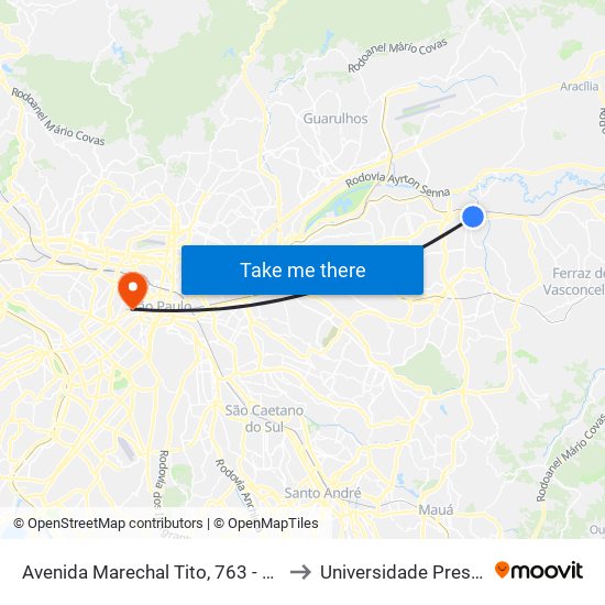 Avenida Marechal Tito, 763 - São Miguel Paulista, São Paulo to Universidade Presbiteriana Mackenzie map