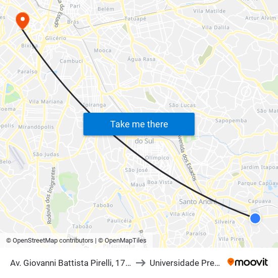 Av. Giovanni Battista Pirelli, 1789 - Tamanduateí 7, Santo André to Universidade Presbiteriana Mackenzie map