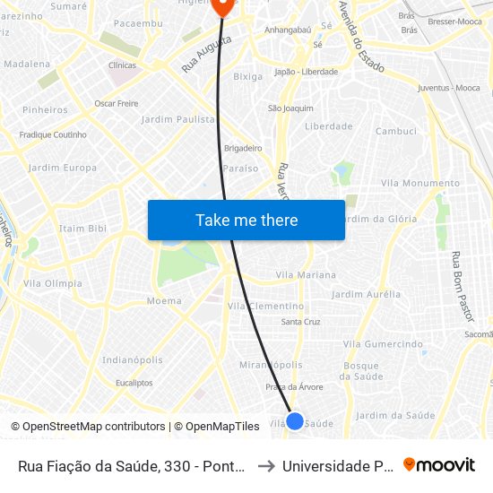 Rua Fiação da Saúde, 330 - Ponto Final da Linha 446 - Vila da Saúde, São Paulo to Universidade Presbiteriana Mackenzie map