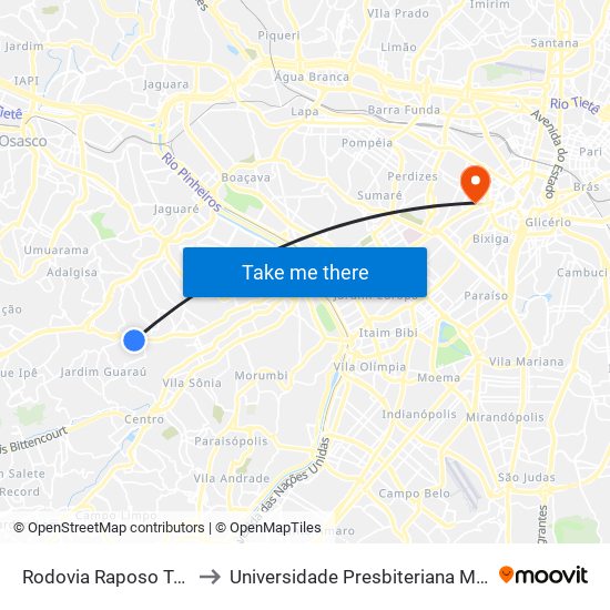 Rodovia Raposo Tavares to Universidade Presbiteriana Mackenzie map