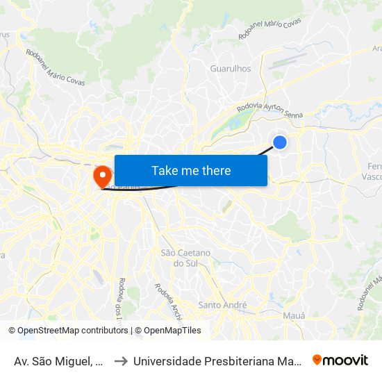 Av. São Miguel, 5989 to Universidade Presbiteriana Mackenzie map