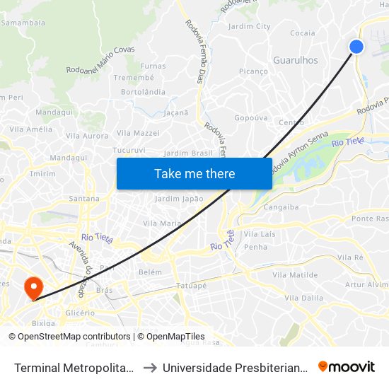 Terminal Metropolitano Taboão to Universidade Presbiteriana Mackenzie map