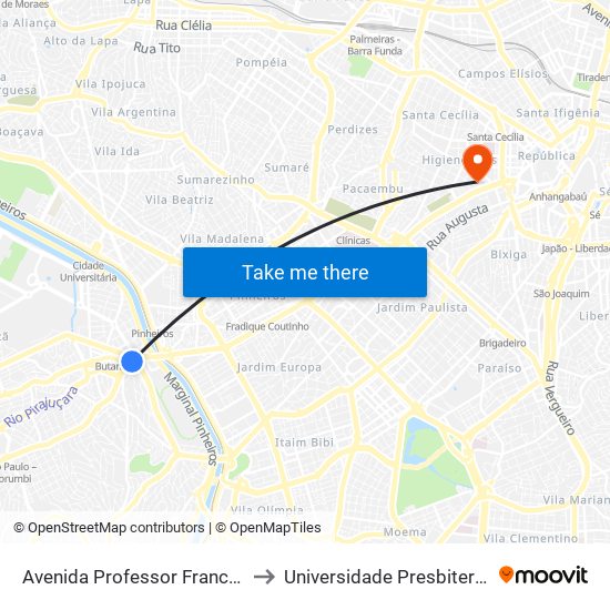 Avenida Professor Francisco Morato C/B to Universidade Presbiteriana Mackenzie map