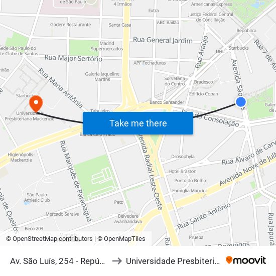Av. São Luís, 254 - República, São Paulo to Universidade Presbiteriana Mackenzie map