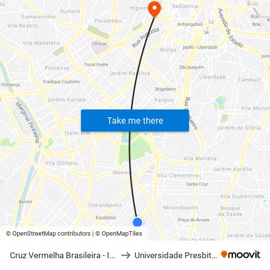 Cruz Vermelha Brasileira - Indianópolis, São Paulo to Universidade Presbiteriana Mackenzie map