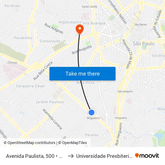 Avenida Paulista, 500 • Metrô Brigadeiro to Universidade Presbiteriana Mackenzie map
