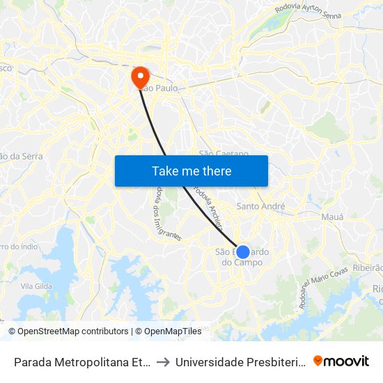 Parada Metropolitana Etec/Fatec/Senai to Universidade Presbiteriana Mackenzie map