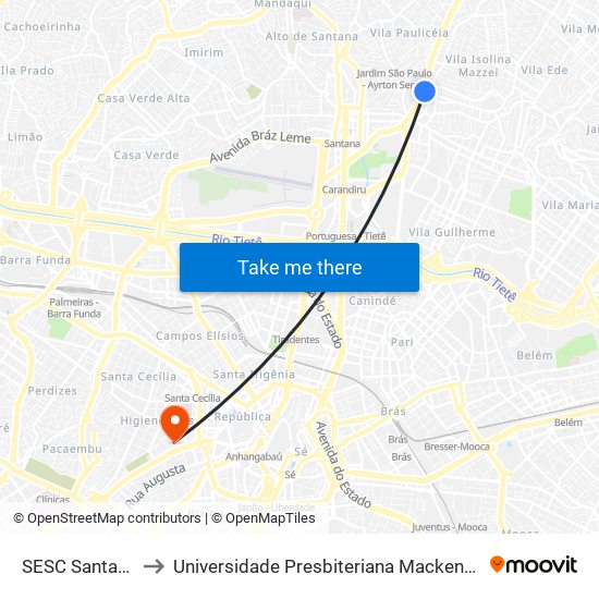 SESC Santana to Universidade Presbiteriana Mackenzie map