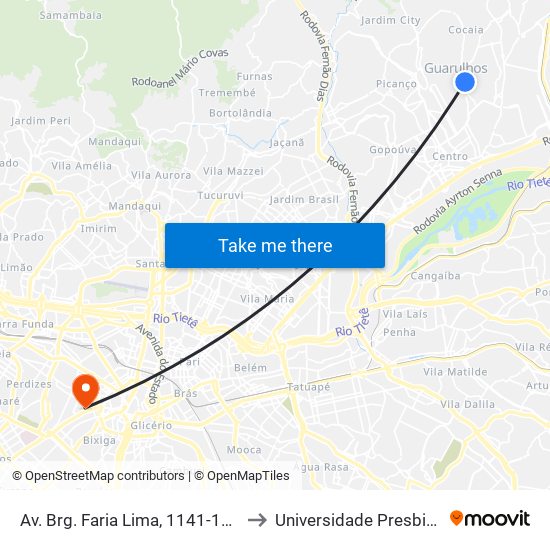 Av. Brg. Faria Lima, 1141-1193 - Cocaia, Guarulhos to Universidade Presbiteriana Mackenzie map