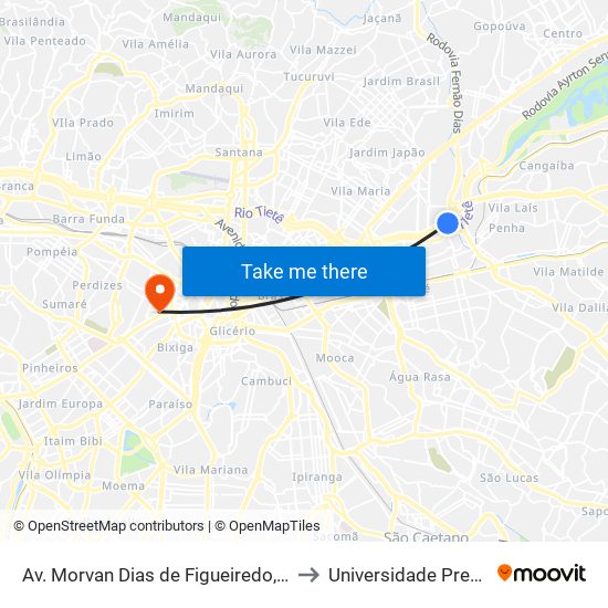 Av. Morvan Dias de Figueiredo, 2422 - Vila Guilherme, São Paulo to Universidade Presbiteriana Mackenzie map