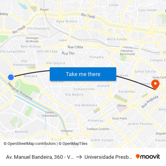 Av. Manuel Bandeira, 360 - Vila Leopoldina, São Paulo to Universidade Presbiteriana Mackenzie map