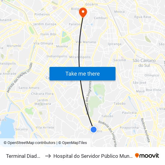 Terminal Diadema to Hospital do Servidor Público Municipal map