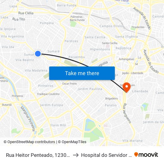 Rua Heitor Penteado, 1230 • Metrô Vila Madalena to Hospital do Servidor Público Municipal map