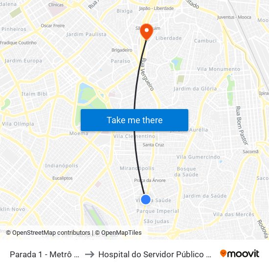 Parada 1 - Metrô Saúde to Hospital do Servidor Público Municipal map