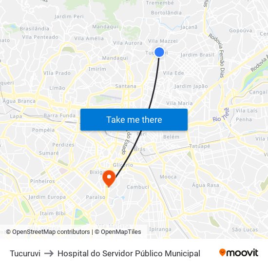Tucuruvi to Hospital do Servidor Público Municipal map
