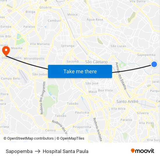 Sapopemba to Hospital Santa Paula map